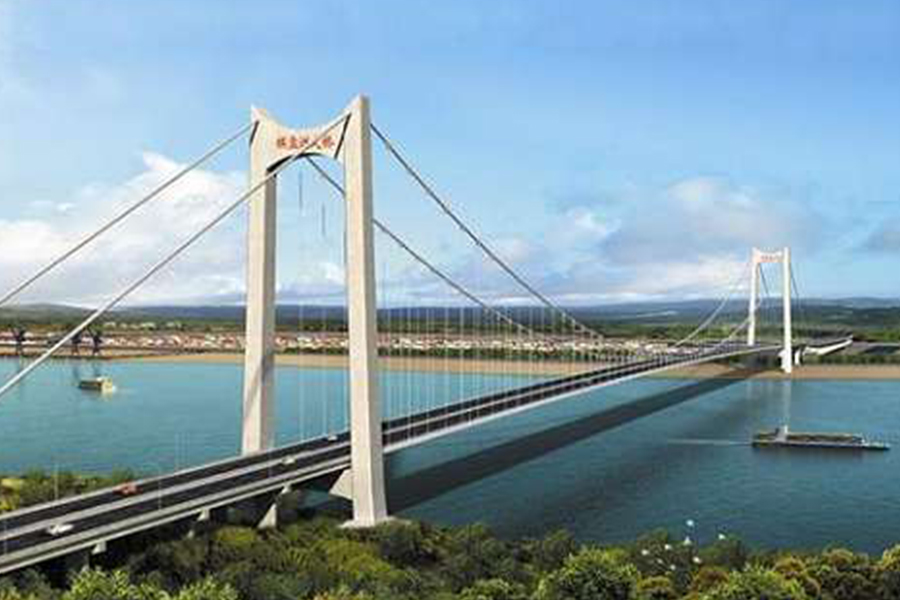 湖北棋盤洲長江公路大橋為地錨式懸索橋,主跨1038米。.jpg